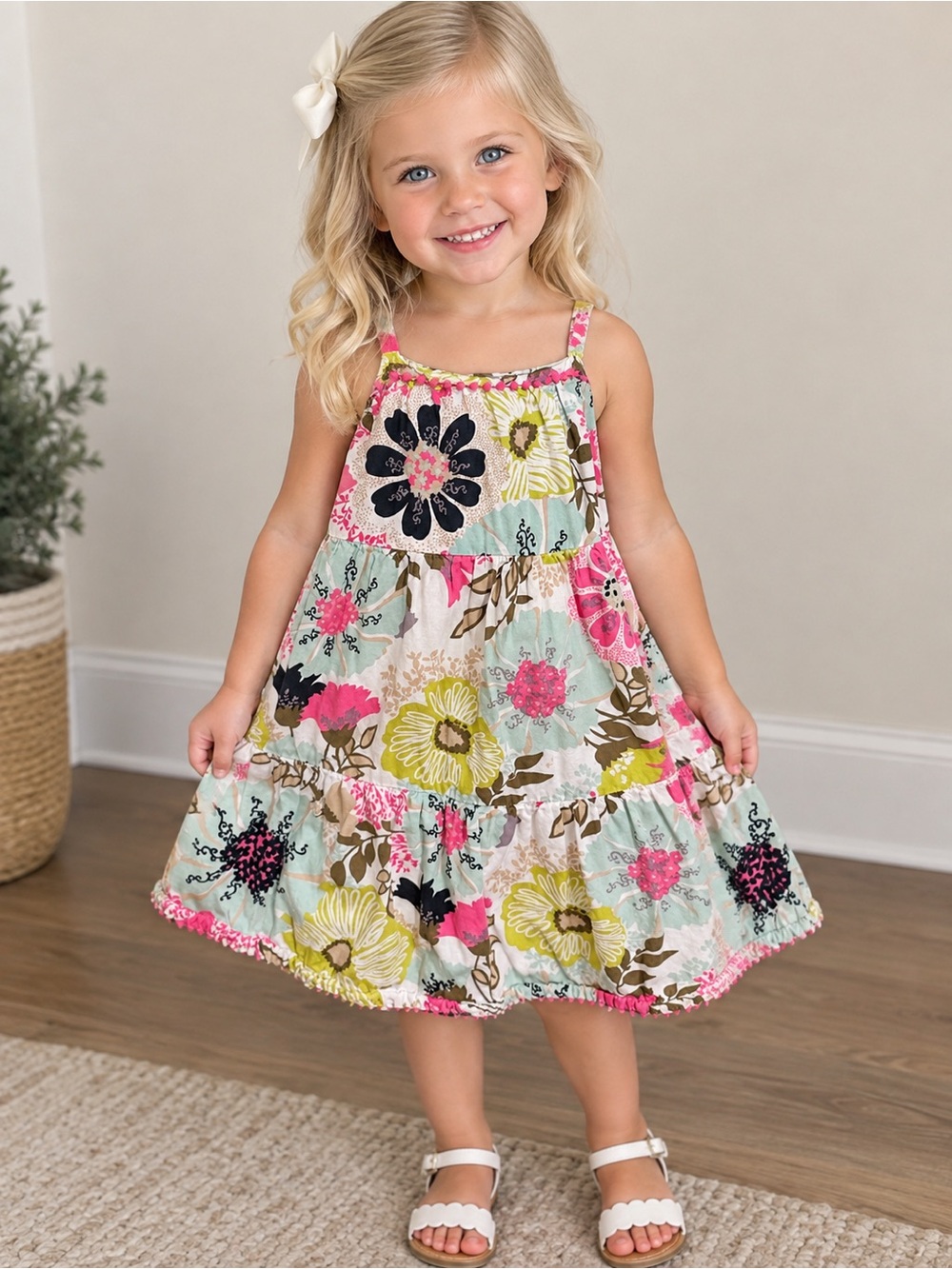 Tiered Floral Sundress for Girls - Pink, Lime & Aqua